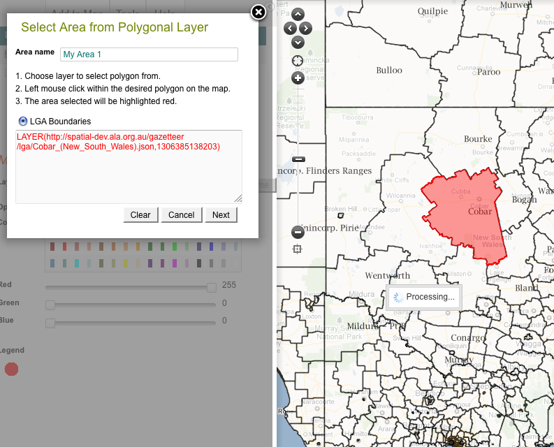 Click to select a polygonal region on the map