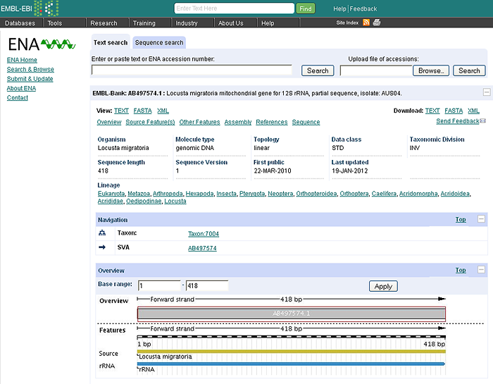EMBL occurrence data record displayed through the European Nucleotide Archive (ENA)