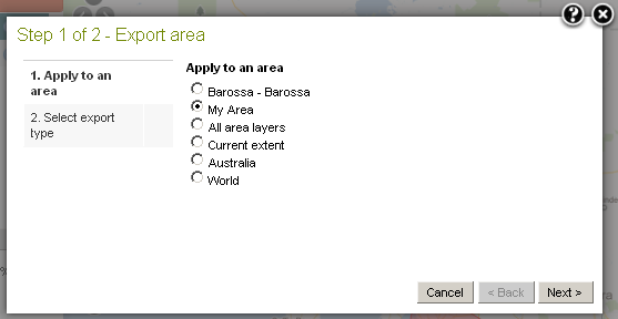 Select an Export area option