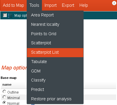 Scatterplot List menu option