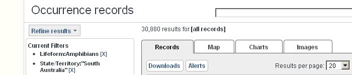 Occurence records filtered on South Australia and Amphibians Occurence records filtered on South Australia and Amphibians