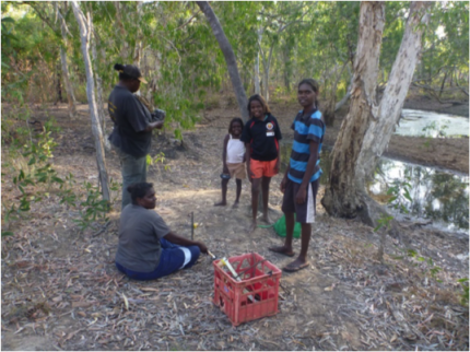 blog_pic_6 Photo of Julie Roy, Rose Munur, Edith Bush, Toni-Anne Roy and Carmelina Ngalmi setting up motion sensor cameras next to a billabong at Mission Gorge.