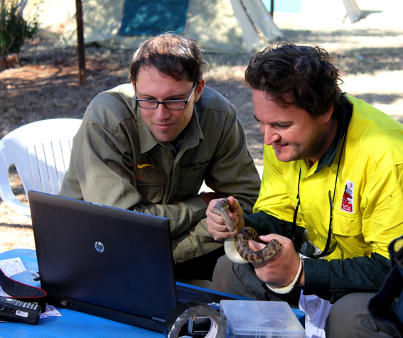 Brad Wilken (TeachLive participant) and Dane Trembath (Senior Zoological Consultant, EcOz Environmental Services) Skype Brad’s students in Canberra from Henbury Station, Northern Territory, photo Jo Harding © Copyright, Department of the Environment.