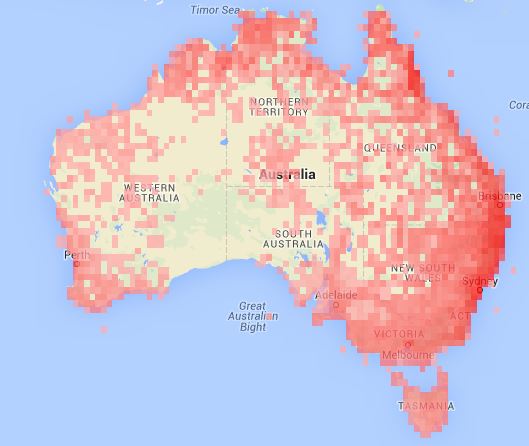 Phylogenetic Diversity (PD) of amphibians (grid cells 50x50km) with darker areas indicating higher PD. With ALA’s new tools PD can be assessed at a continental scale (as shown here), or compared between any number of user-defined areas, providing new options for exploring biodiversity patterns. (Map not corrected for patchy sampling. Source tree: Pyron RA, Wiens JJ. 2011. A large-scale phylogeny of Amphibia with over 2,800 species, and a revised classification of extant frogs, salamanders, and caecilians. Molecular Phylogenetics and Evolution 61: 543-583.)