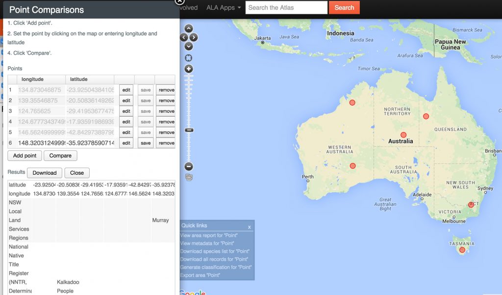 Point Comparisons Atlas of Living Australia
