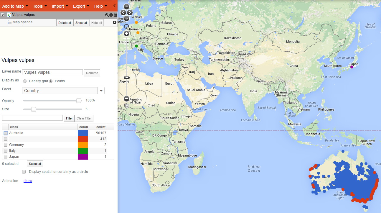 Distribution of Vulpes vulpes