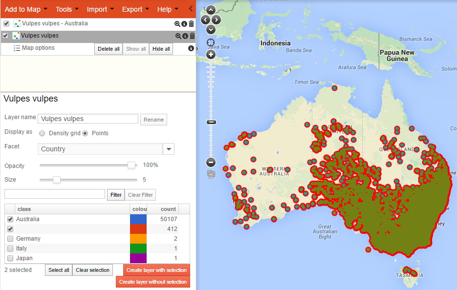 First filter applied to Vulpes vulpes - Australian records