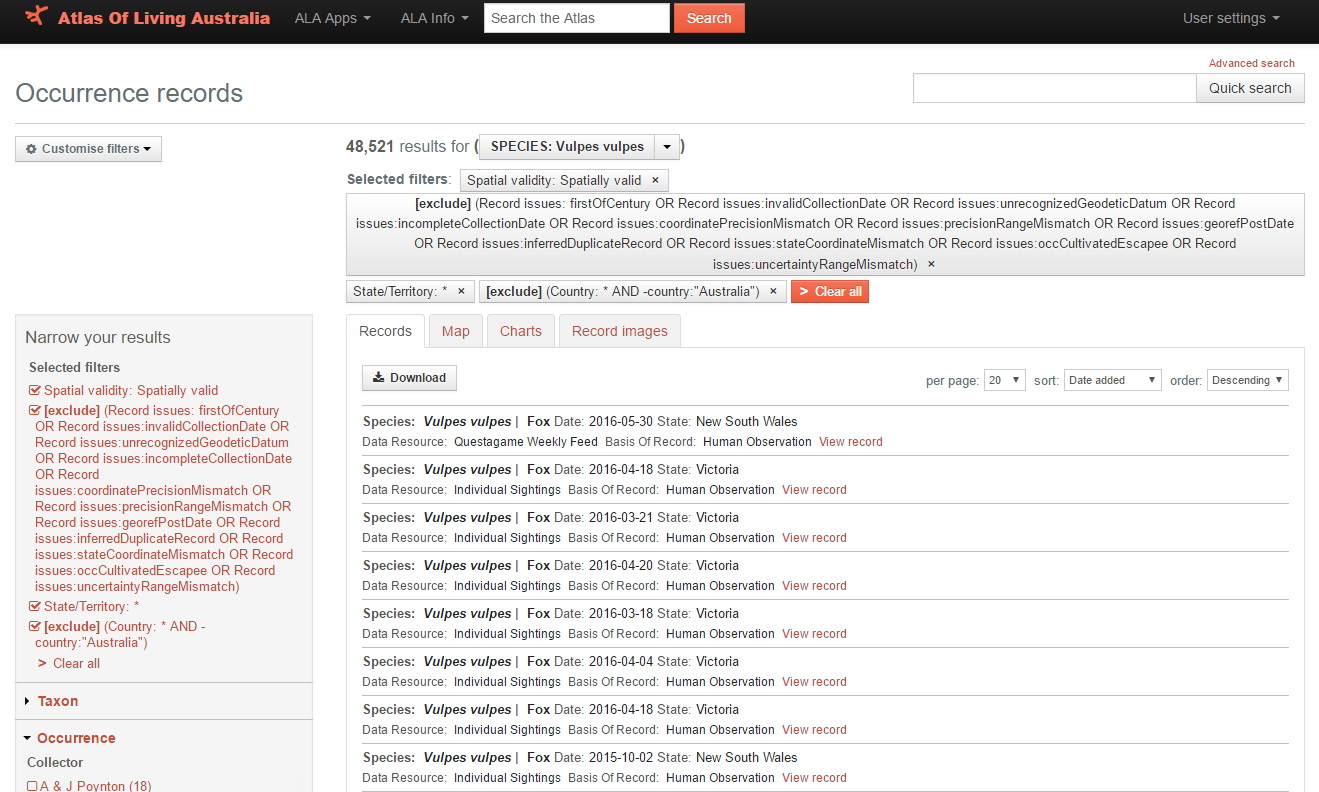 Filtered records in the biocache