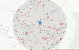 A map from the ALA showing many orange dots representing the recorded sightings of different species around a school