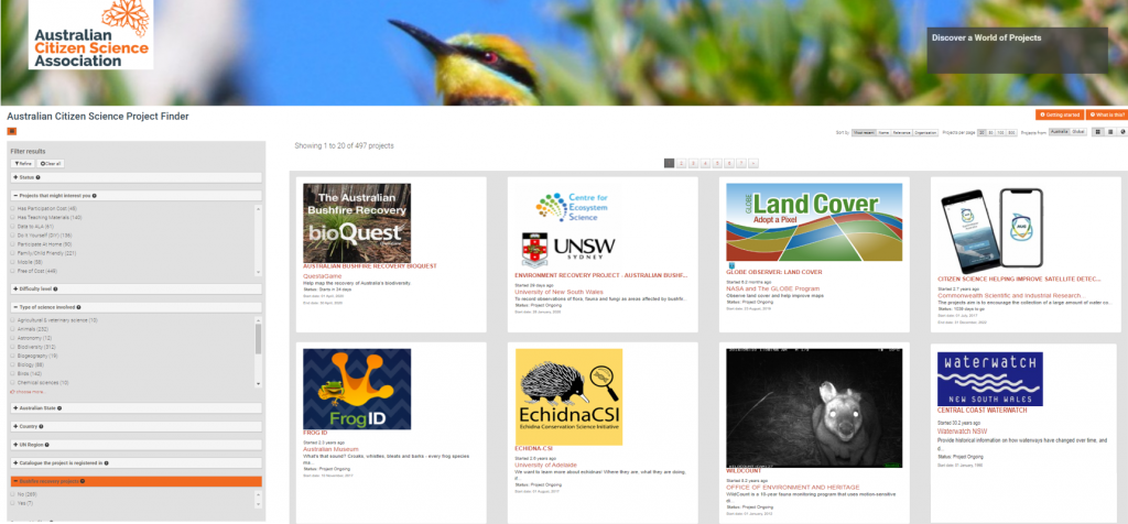 Australian Citizen Science's Project Finder homescreen, with the 'bushfire recovery projects' filter highlighted in orange.