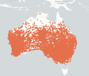 An occurrence records map from the ALA for the Red-Capped Robin