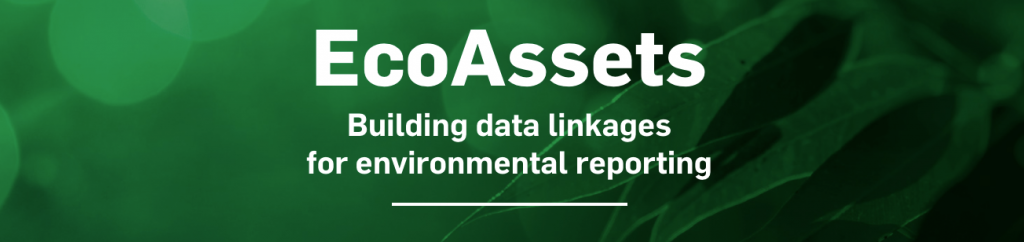 Dark green banner image for EcoAssets. Text reads: building data linkages for environmental reporting