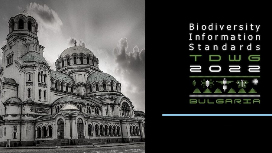 Black banner with a picture of a building on the left side that reads Biodiversity Information Standards TDWG 2022 Bulgaria