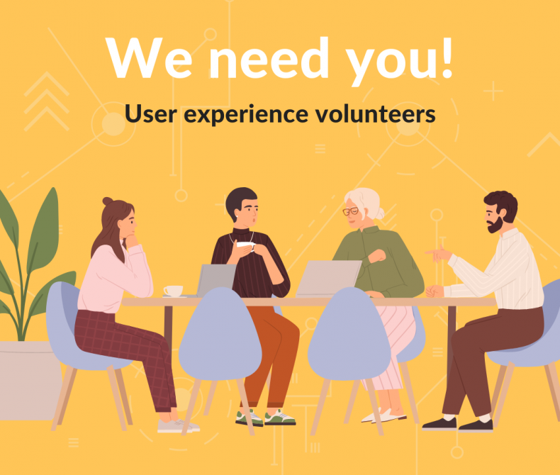 A group of four people sitting around a table, having a conversation. They have laptops and coffee mugs. Text reads: We need you! User experience volunteers, and the ALA logo is included on a yellow background with tech motif.