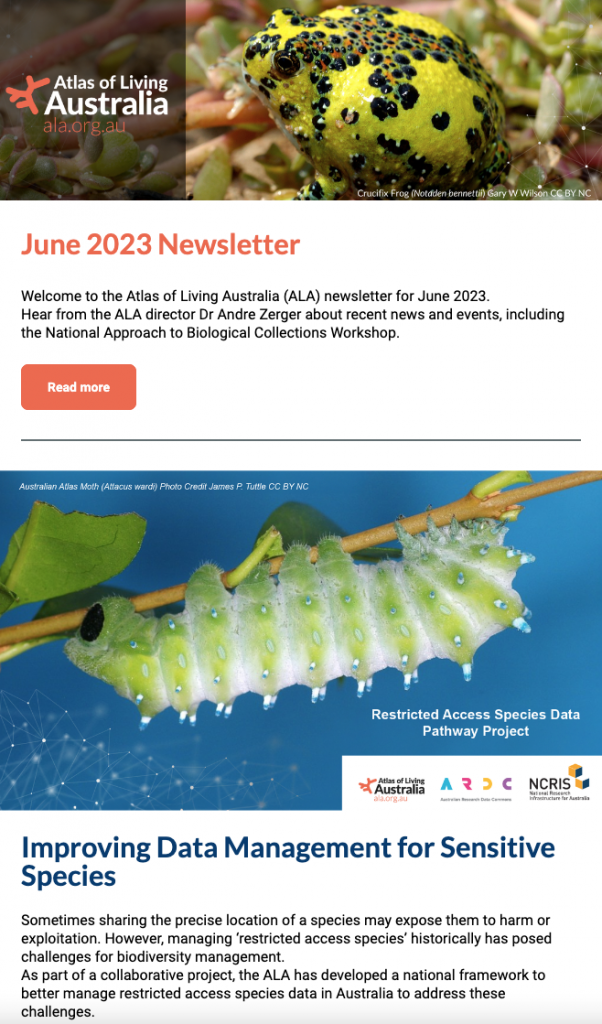 ALA's June newsletter - header includes the ALA logo next to a yellow frog. Below that includes the heading 'June 2023 Newsletter' with a welcome message.