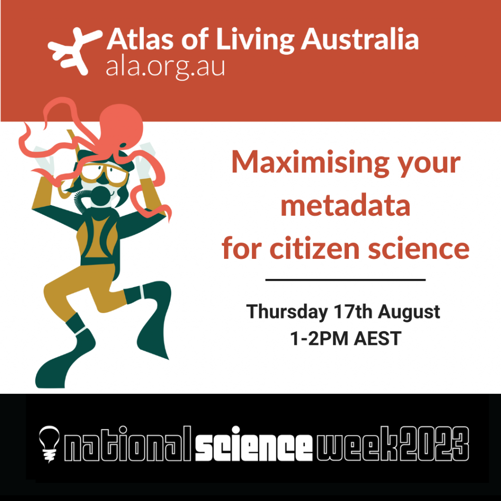Burnt orange and white graphic of a person diving with an octopus that reads maximising your metadata for citizen science
