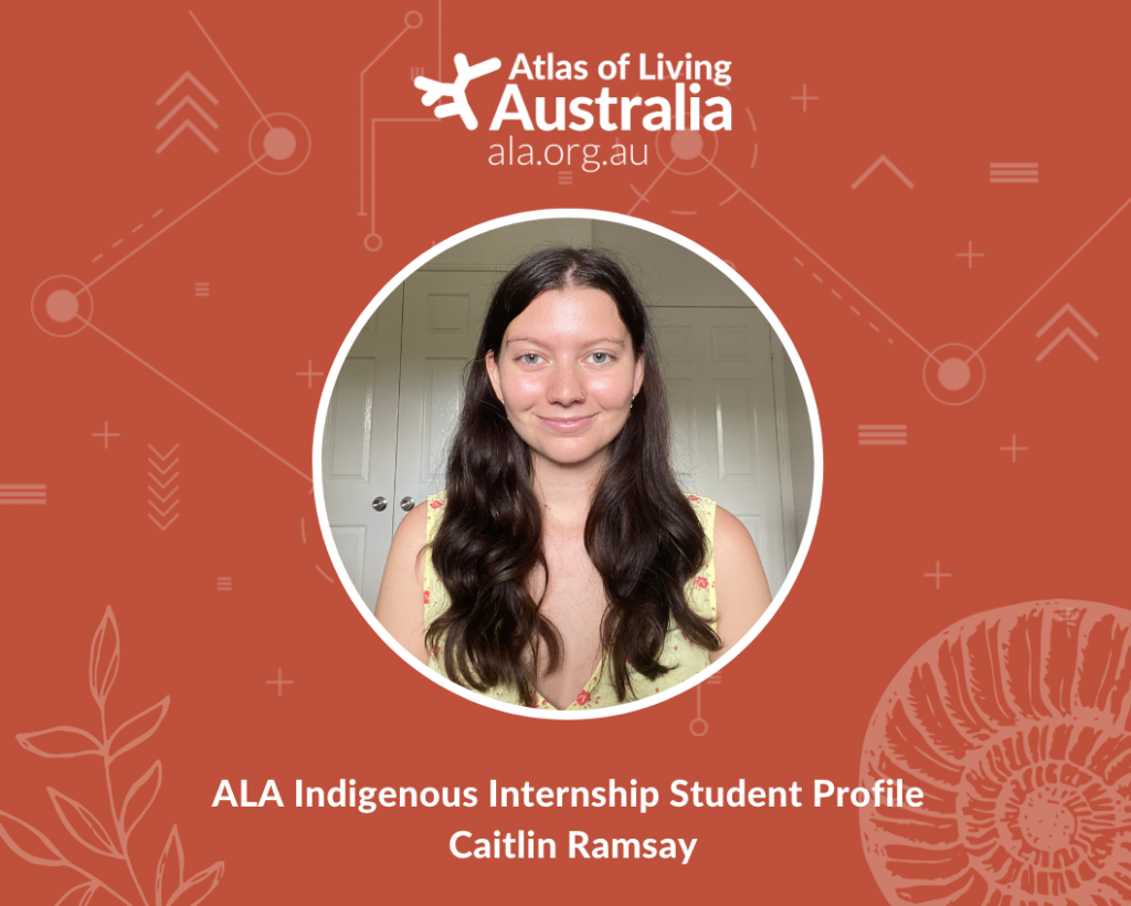 photo of ALA intern Caitlin, surrounded by orange background with a plant and shell motif