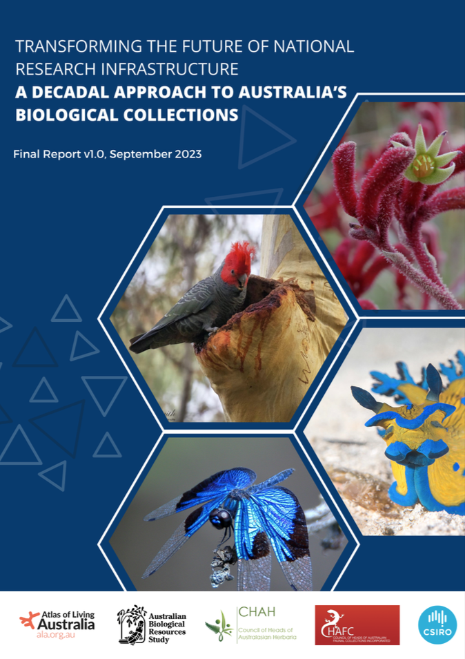 Cover of the report. Dark blue cover with a gang-gang cockatoo, nudibranch, kangaroo paw (plant) and jewel flutterer dragonfly