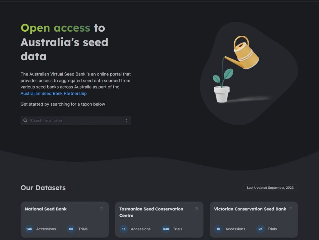 Black web interface with a picture of a watering can and pot plant. text reads open access to Australia's seed data.