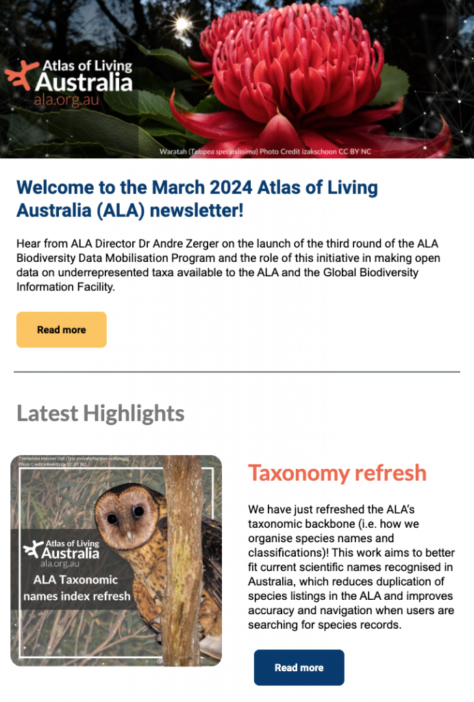 ALA's March 2024 newsletter header banner - it includes the ALA logo and a waratah, a large red flower