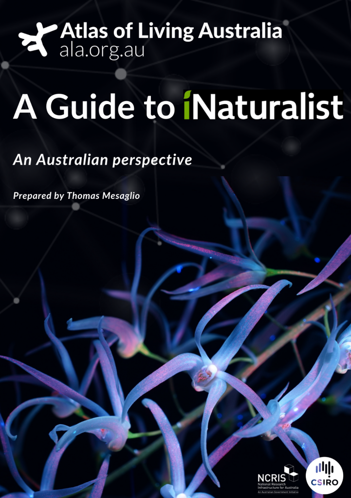 cover of A Guide to iNaturalist. Black background with purple orchids on the bottom half of the cover