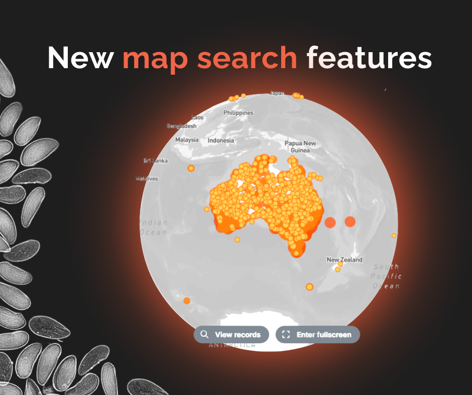 Close of map search feature of our Australian Virtual Seed Bank portal showing a map of Australia on a globe