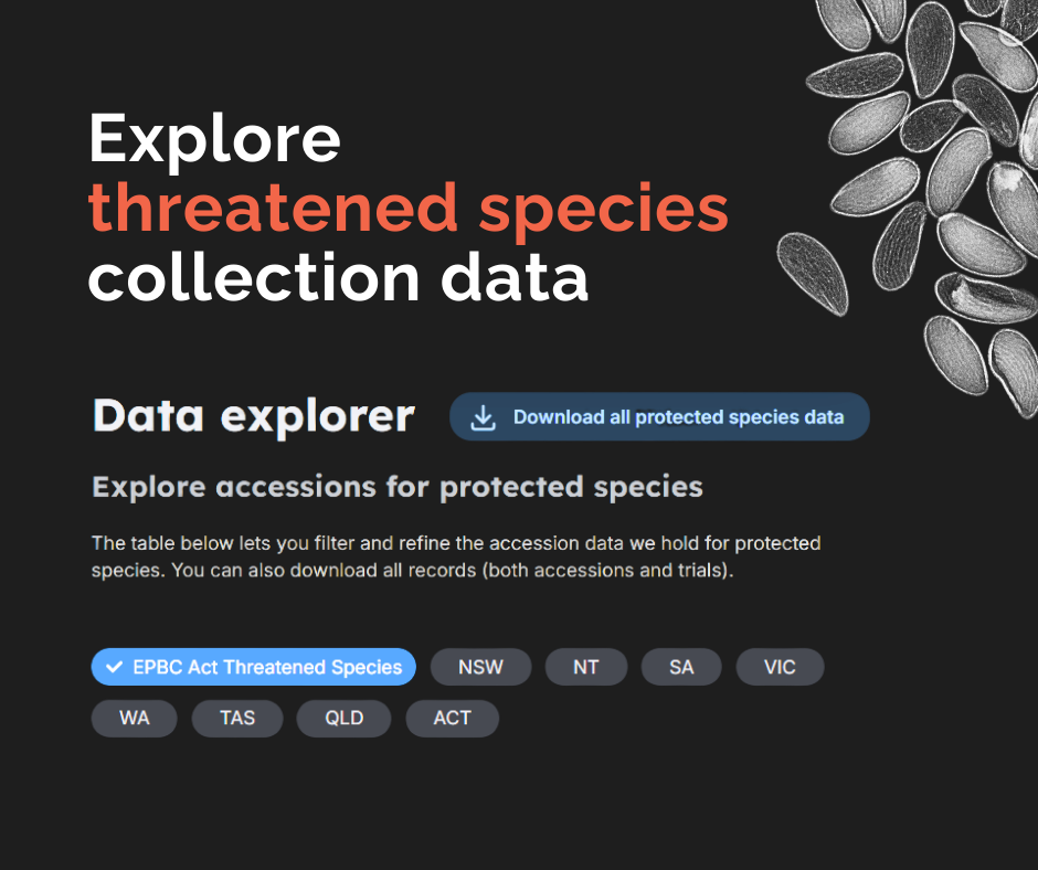Close of Data Explorer feature of our Australian Virtual Seed Bank portal showing search options for threatened species