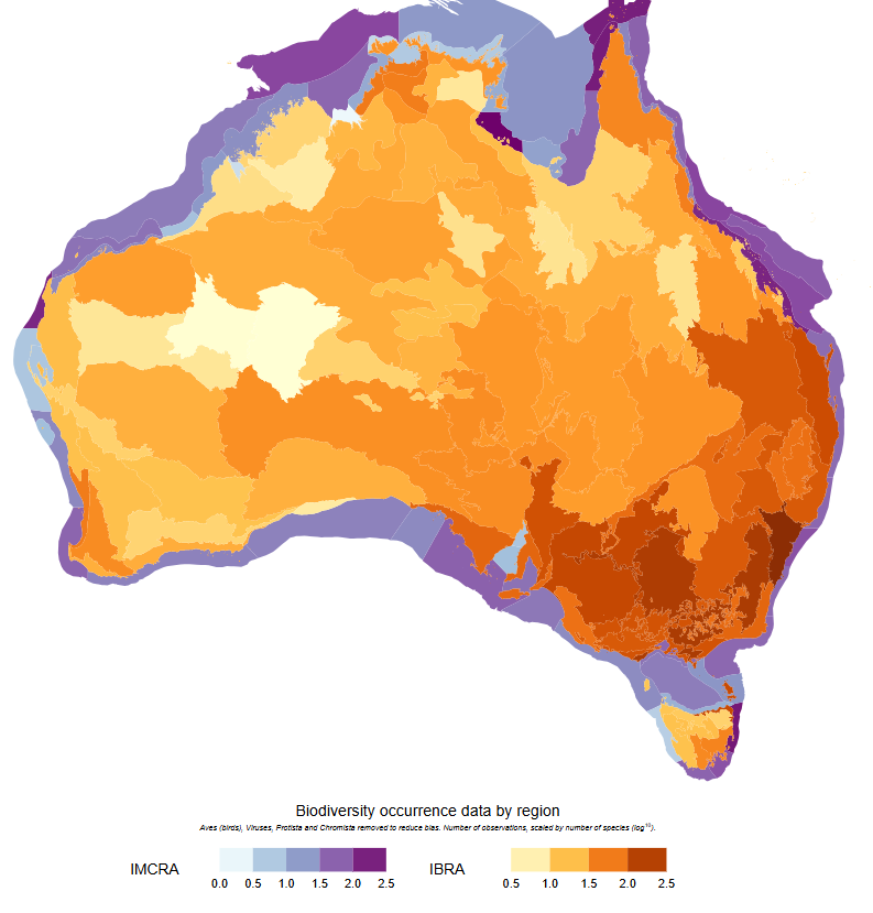 map of Australia with coloured regions representing areas with more occurrence records. There are darker regions, meaning mroe records, in south eastern Australia. For marine records, there are darker regions along parts of the coastline in Queensland, Tasmania, and the Northern Territory