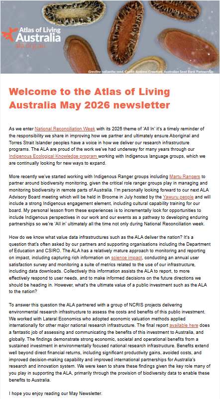 The top section of ALA's May Newsletter, with header banner showing Grevillea seeds, and opening welcome message header.