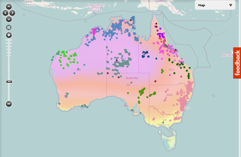 Map of rock-wallaby distributions and annual mean solar radiation