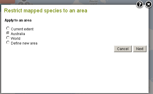 Select an area for restricting the species occurrences mapped