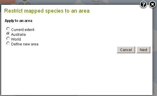 Select an area for restricting the species occurrences mapped Select an area for restricting the species occurrences mapped