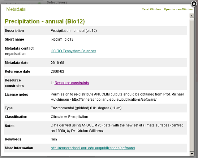 Metadata for the layer Precipitation - annual (Bio12)