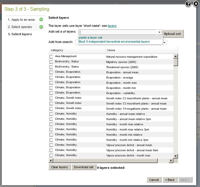 Upload a text file of comma-delimited 'Short name' environmental layers