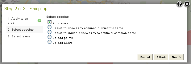 Select species, point locations or LSIDs