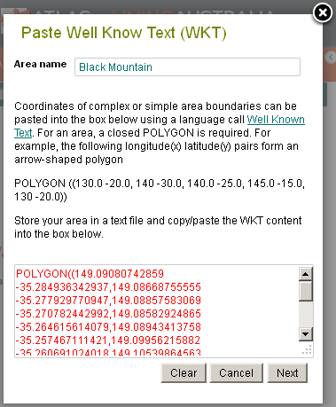 Paste in the WKT polygon details into the text field