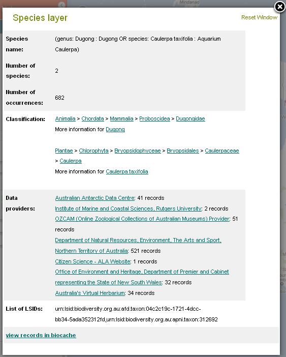 Species Layer Metadata showing the imported LSIDs Species Layer Metadata showing the imported LSIDs