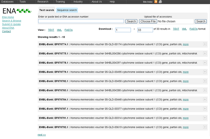 EMBL occurrence data record displayed through the European Nucleotide Archive (ENA)