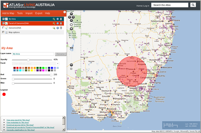 The Spatial portal displaying molecular occurrence data for the Order Lepidoptera, with an additional area added to the map.