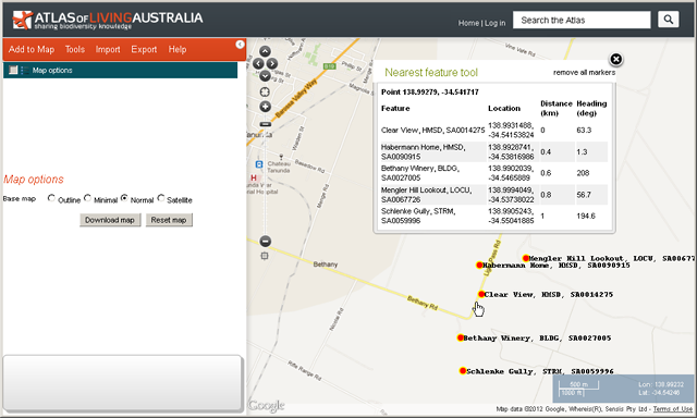 Nearest localities to the clicked hand pointer Nearest localities to the clicked hand pointer