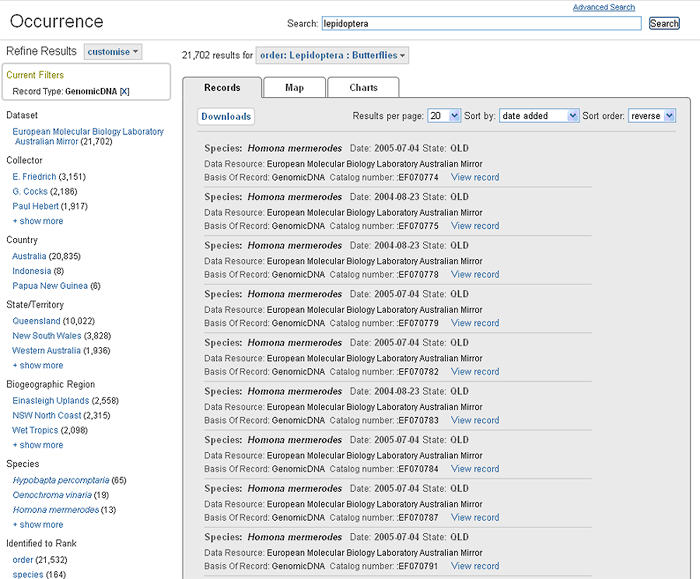 Lepidopteran occurrence results faceted for genomic data