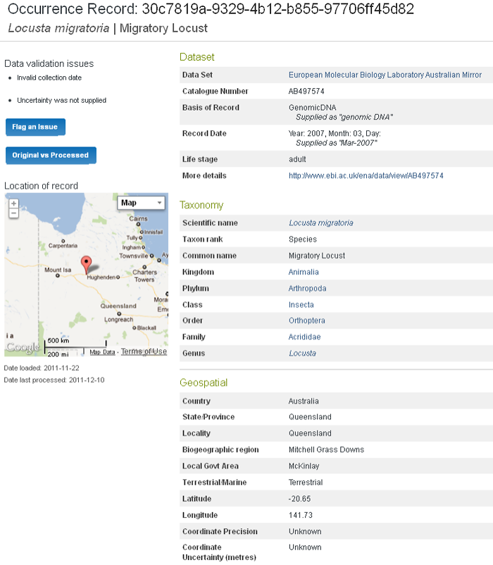 A single occurrence record from the data set EMBL