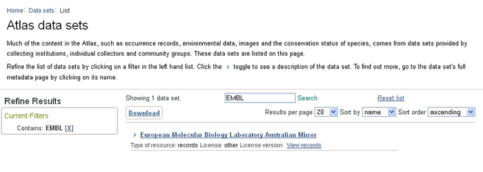 Data sets searched for EMBL