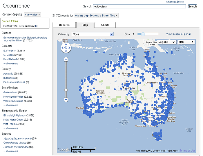 Clicking on the map tab displays a basic map of the Lepidopteran points with molecular DNA data. Clicking on the map tab displays a basic map of the Lepidopteran points with molecular DNA data.