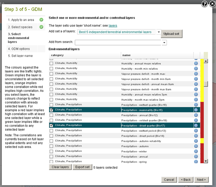 Select the environmental layers for the GDM modelling